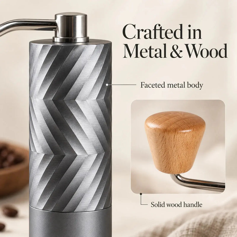 Faceted metal body and wood handle detail