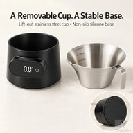 Yozcoffee weighing holder and separate 100 mL stainless steel cup with an inset of the silicone base