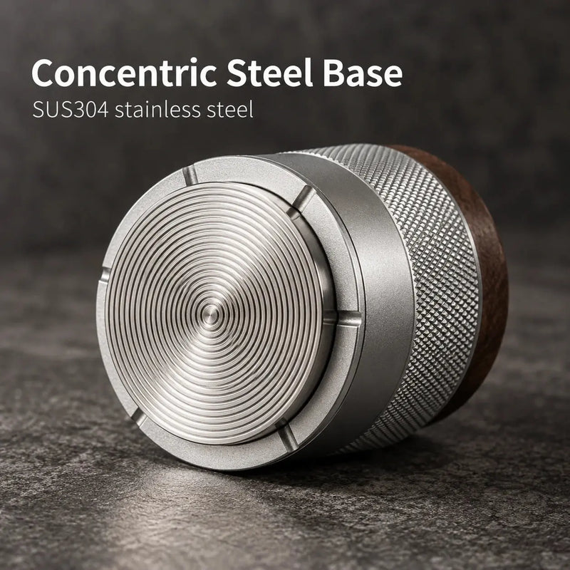 Concentric SUS304 stainless steel base detail on silver tamper