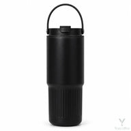 Black 750ml insulated tumbler with dual-drink lid and raised carry handle on a white background