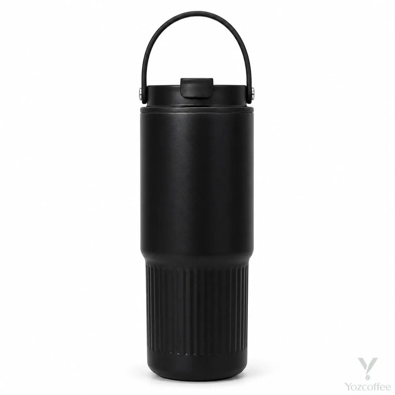 Black 750ml insulated tumbler with dual-drink lid and raised carry handle on a white background