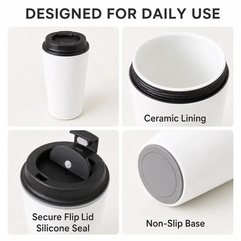 Revêtement céramique, couvercle rabattable et base du mug de voyage blanc