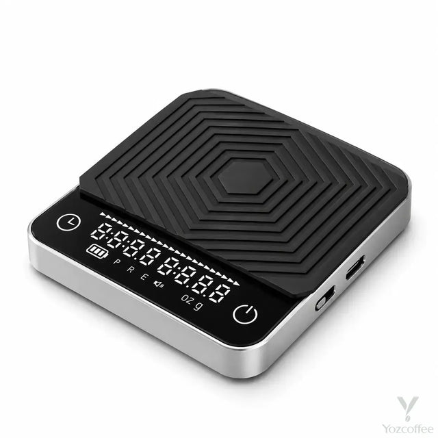 Bilancia per espresso con timer – 0.1g/2kg, corpo in alluminio, superficie in vetro, ricaricabile tramite USB-C, per pour-over