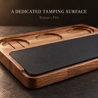 PVC work pad on the walnut espresso tamping station