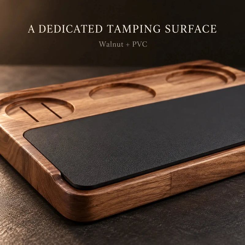 PVC work pad on the walnut espresso tamping station