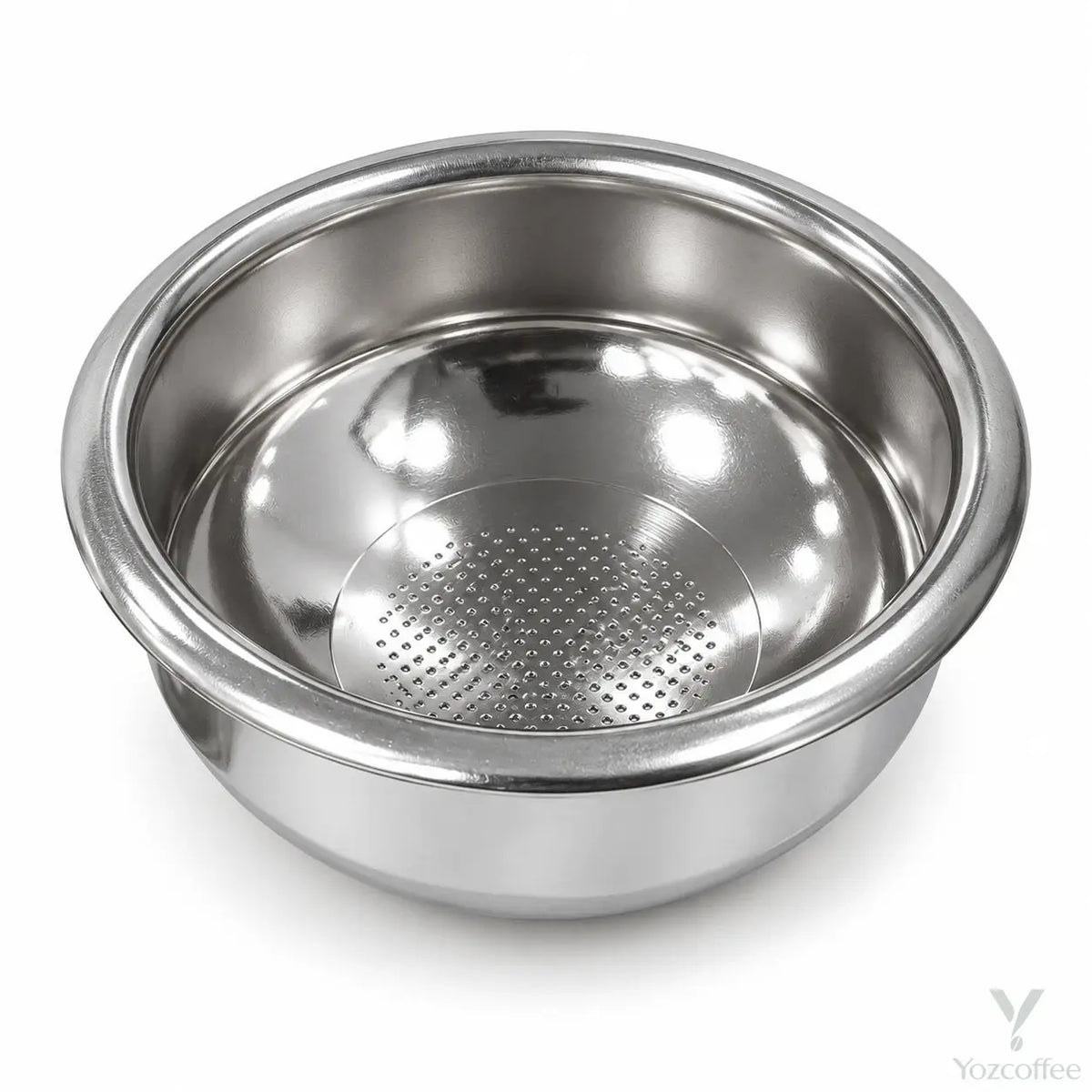 Yozcoffee 58mm rounded espresso filter basket in silver 304 stainless steel on a white background
