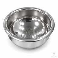 Yozcoffee 58mm rounded espresso filter basket in silver 304 stainless steel on a white background