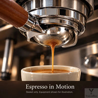 Espresso flowing from the rounded base of a Yozcoffee 58mm filter basket in a bottomless portafilter