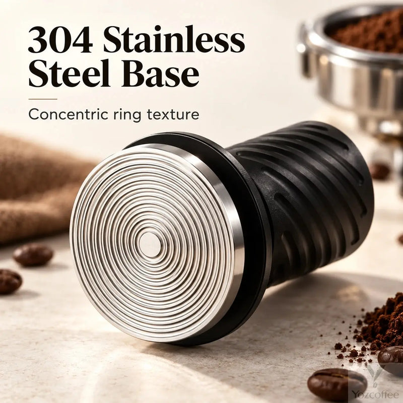 Concentric circular grooves on the Yozcoffee tamper's 304 stainless steel base