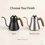 Black and stainless steel finish options for the same 600ml gooseneck kettle