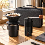 Black travel pour-over set in a home office