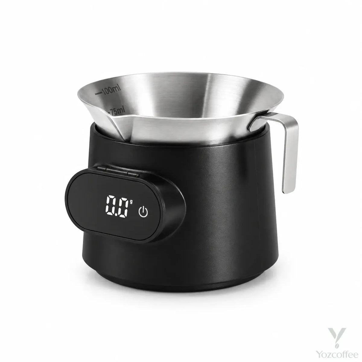 Yozcoffee black espresso cup scale with removable 100 mL stainless steel measuring cup on a white background