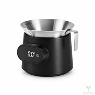 Yozcoffee black espresso cup scale with removable 100 mL stainless steel measuring cup on a white background