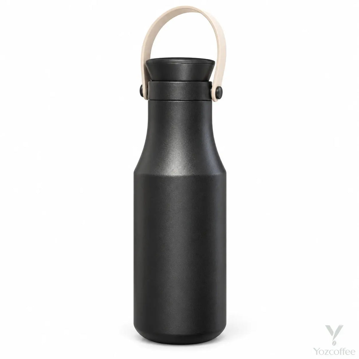 Black insulated bottle with beige carry handle on a white background