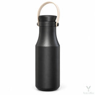 Black insulated bottle with beige carry handle on a white background