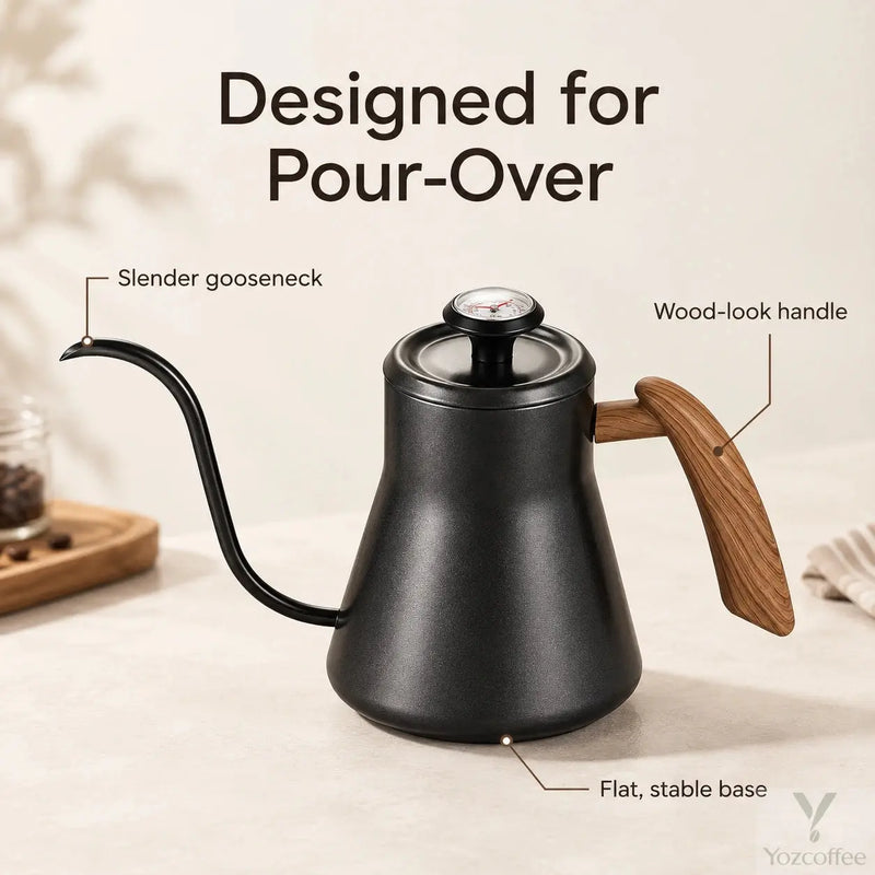 Black 600ml kettle with slender gooseneck, wood-look handle and flat base