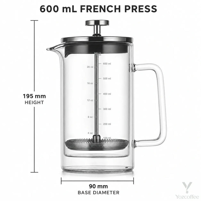 Dimensiones de la prensa francesa de 600 ml