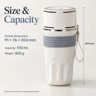 91 × 76 × 204mm 크기, 510ml 용량, 850g 무게의 온도 조절 머그