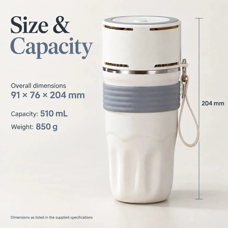 91 × 76 × 204mm 크기, 510ml 용량, 850g 무게의 온도 조절 머그