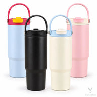 Yozcoffee 750ml stainless steel tumblers in black, white, blue and pink with folding carry handles