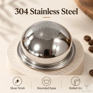 Inverted silver 304 stainless steel espresso basket showing its rounded base and rolled rim