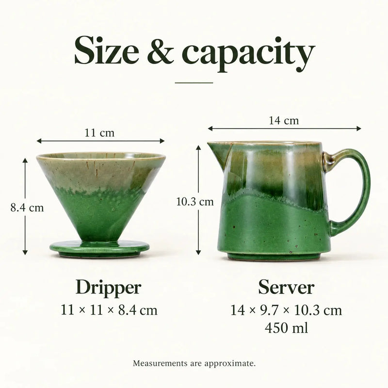 Green ceramic dripper and 450ml (15oz) server dimensions