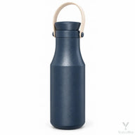 Navy Yozcoffee insulated stainless steel bottle with beige carry handle on white