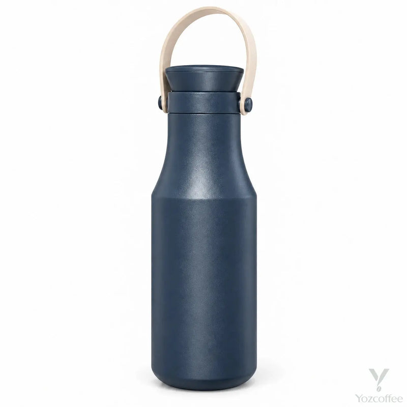 Navy Yozcoffee insulated stainless steel bottle with beige carry handle on white