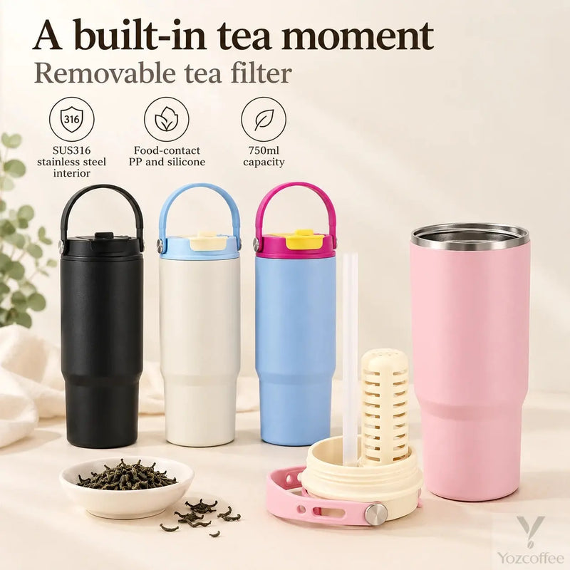 Pink tumbler with detached lid, slotted removable tea filter and drinking straw