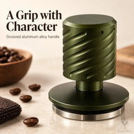Close-up of the diagonal grooves on the dark olive green aluminum alloy tamper handle