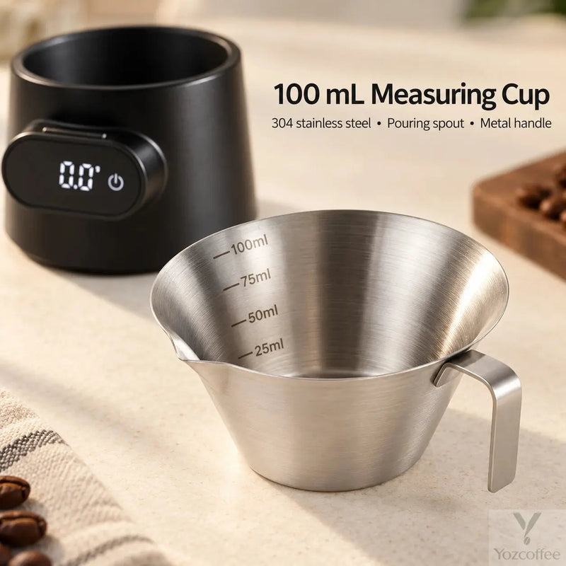 Removable 304 stainless steel measuring cup with 25, 50, 75 and 100 mL marks, pouring spout and handle