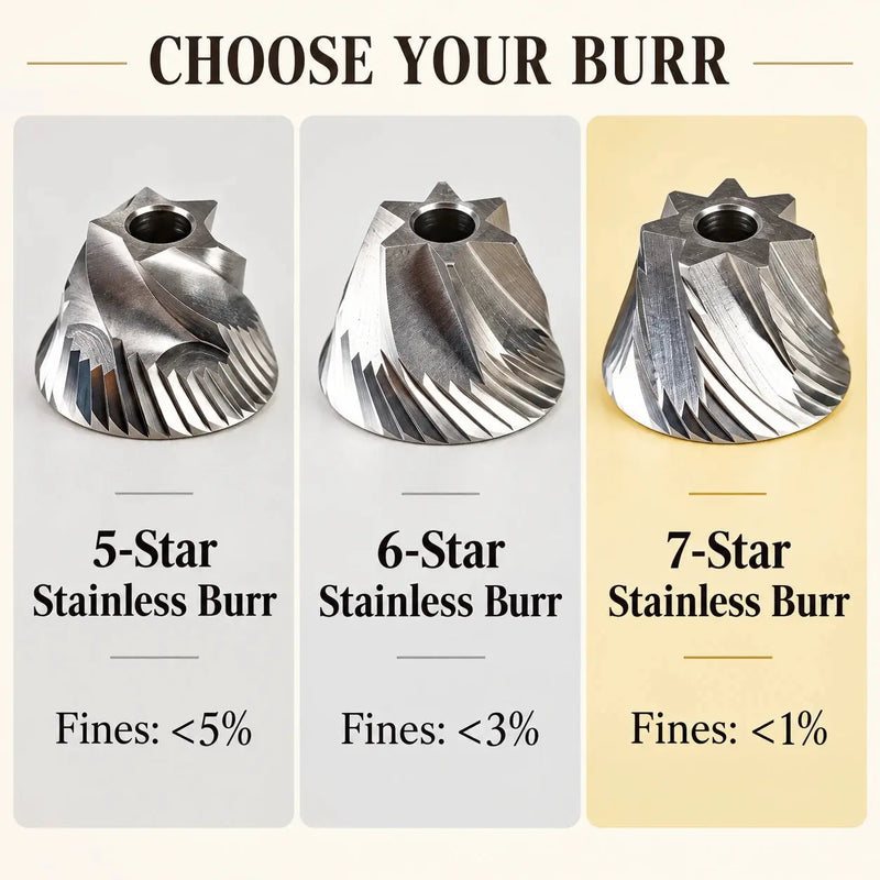 Stainless steel burr options: 5-star, 6-star and 7-star