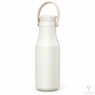 Ivory Yozcoffee insulated stainless steel bottle with beige carry handle on white