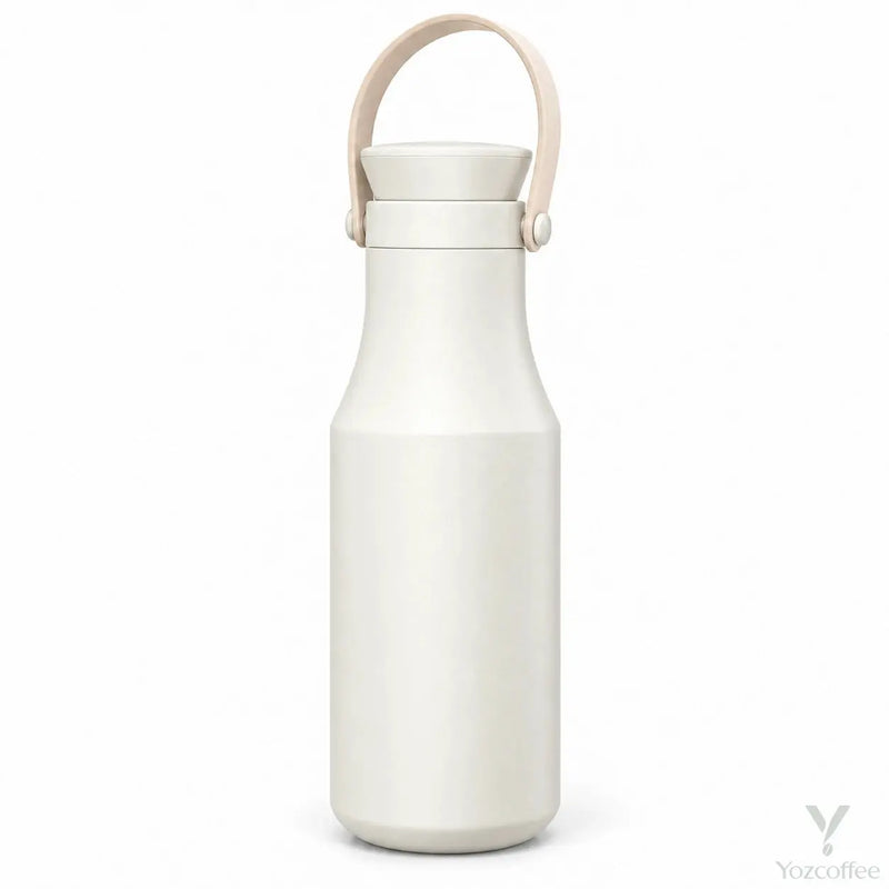 Ivory Yozcoffee insulated stainless steel bottle with beige carry handle on white