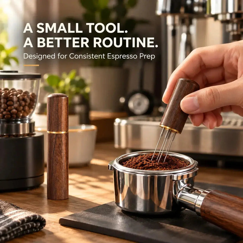 WDT-tool in een thuisbarista-opstelling voor espressobereiding