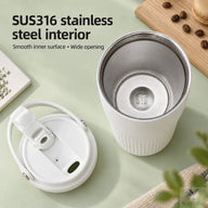 Open white tumbler showing the SUS316 stainless steel interior and detached lid