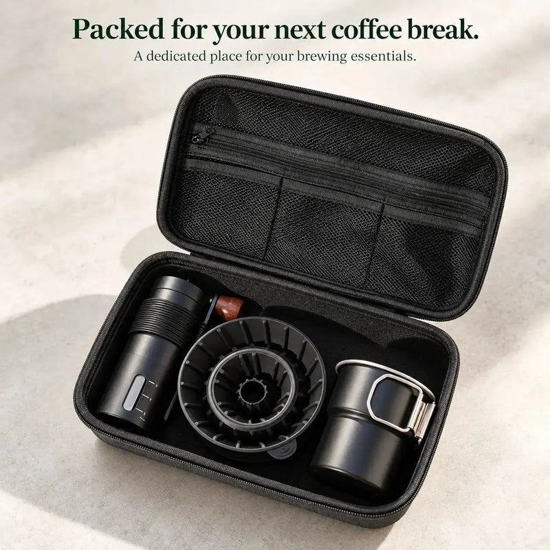 Travel pour-over set packed into its carry case