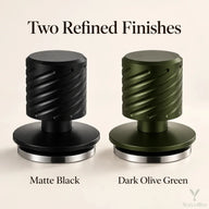 Yozcoffee spring-loaded espresso tampers in matte black and dark olive green