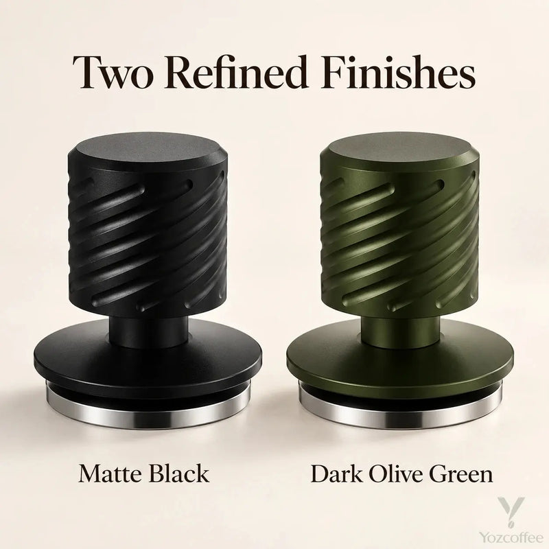 Yozcoffee spring-loaded espresso tampers in matte black and dark olive green