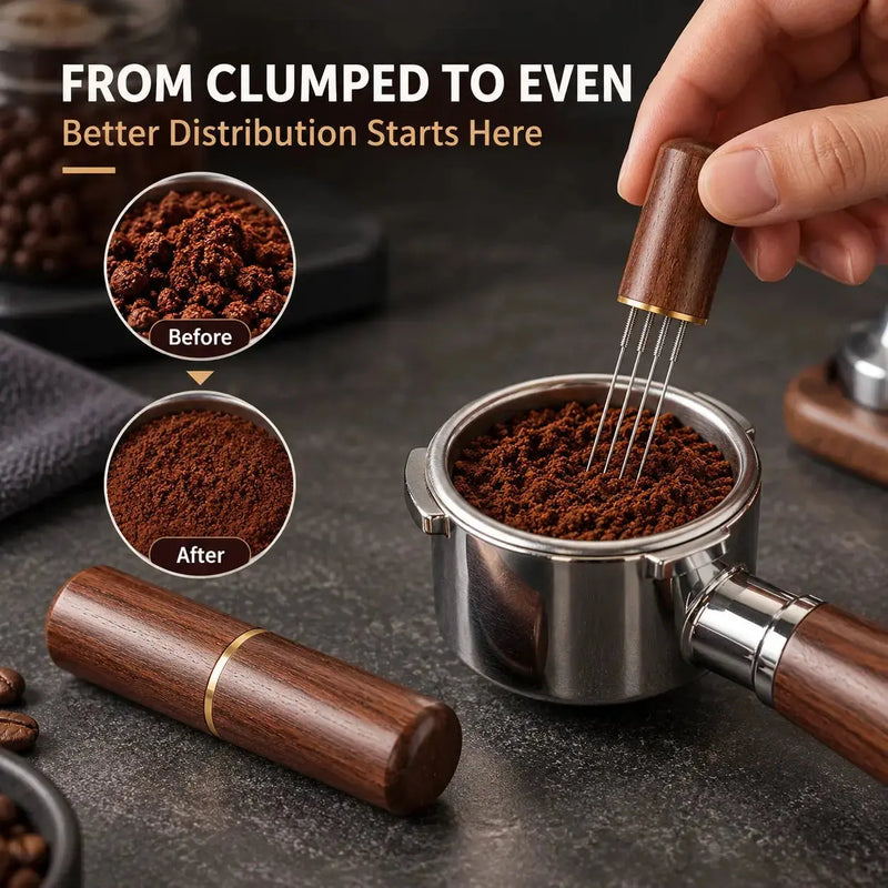 Houten WDT-tool verdeelt gemalen espressokoffie