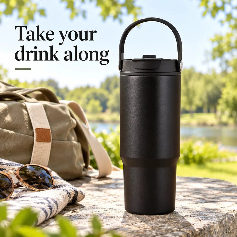 Black 750ml stainless steel tumbler with carry handle on an outdoor picnic table