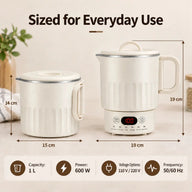 Dimensiones de la taza eléctrica para cocinar, capacidad de 1 L, potencia de 600 W y opciones de 110 V o 220 V