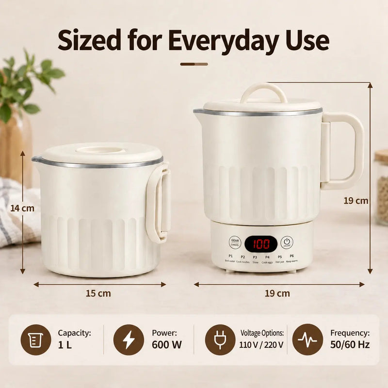 Dimensiones de la taza eléctrica para cocinar, capacidad de 1 L, potencia de 600 W y opciones de 110 V o 220 V