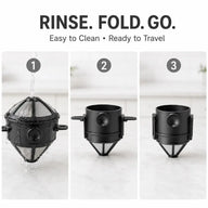 Porte-filtre à café pliable et réutilisable, rincé puis replié pour le voyage