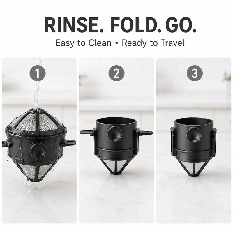 Porte-filtre à café pliable et réutilisable, rincé puis replié pour le voyage
