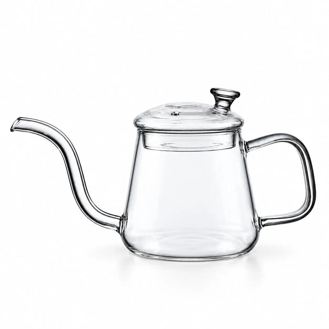 Hervidor de vidrio con cuello de cisne para gas y vitrocerámica – 350/600 ml, vidrio de borosilicato, pico fino de 5 mm