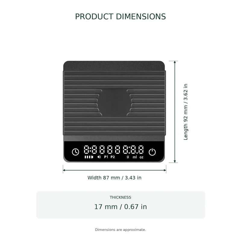 Dimensiones de la mini báscula de café: 92 x 87 x 17 mm