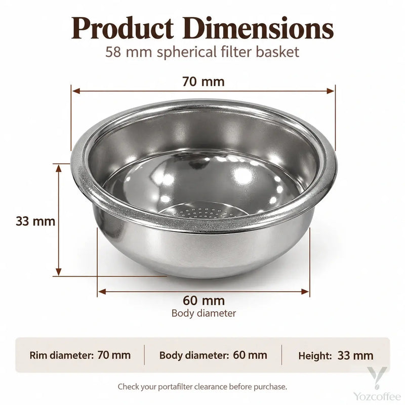 Espresso basket dimensions: 70mm rim diameter, 60mm outer body diameter and 33mm height