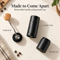 Removable handle and grounds cup of the faceted grinder