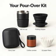 Contenu du kit portable pour café filtre : tasse, porte-filtre, boîte et étui